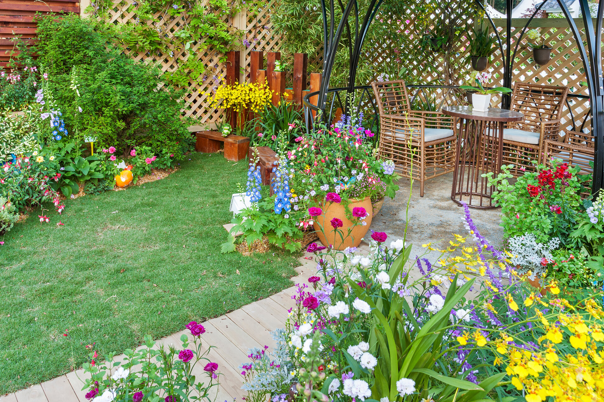 Üppig angelegter Blumengarten im Hinterhof