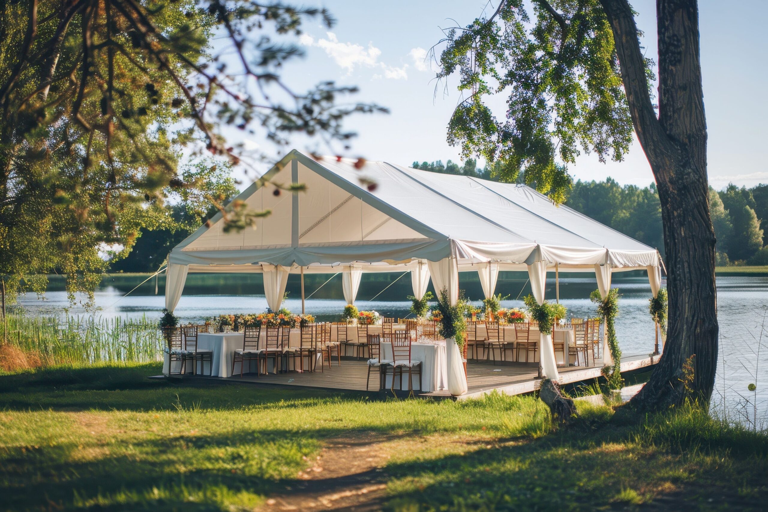 Großer Pavillon für Hochzeit am See mit Tischen und Stühlen