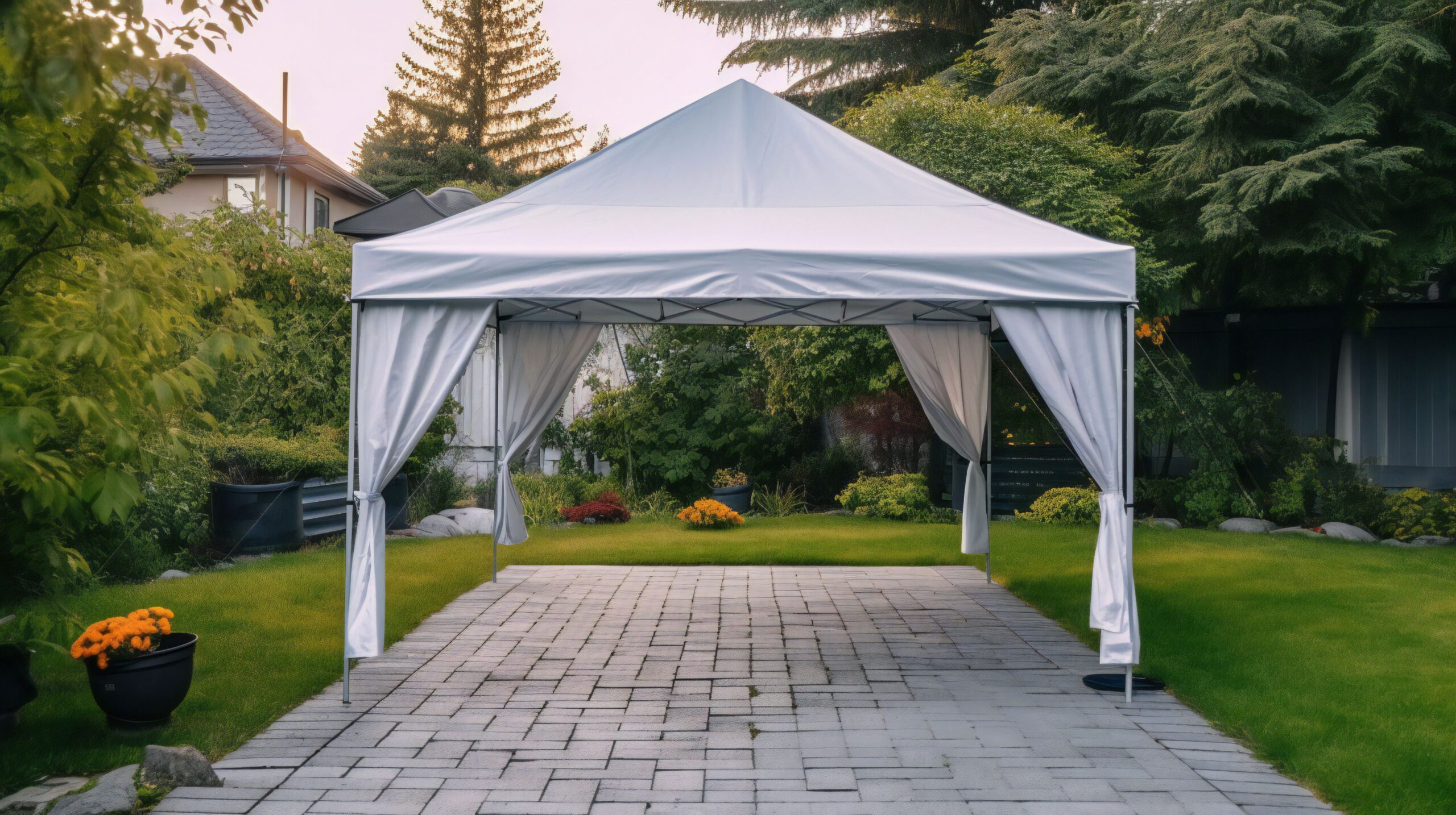 Weißer Pavillon im privaten Garten mit Steinweg